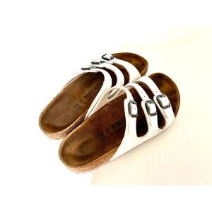 Birkenstock Florida White Three Strap Buckles Patent Leather Sandals 38 7.5